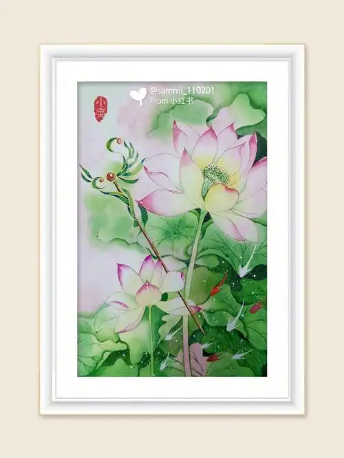 水彩画荷花古簪过程及线稿都有