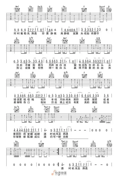 陈奕迅-葡萄成熟时吉他谱2-g调指法