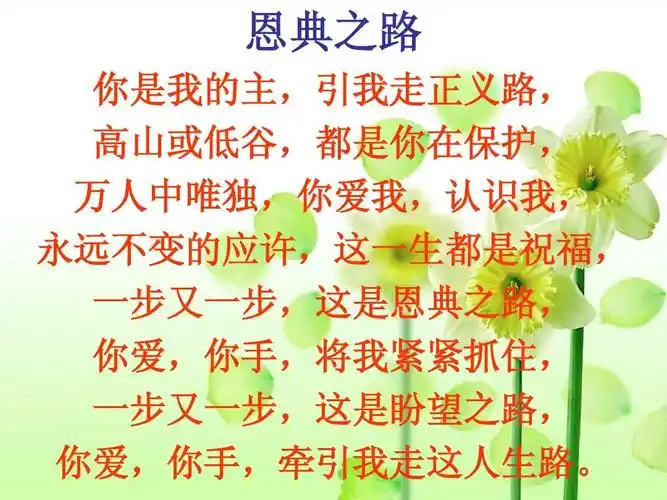恩典之路 你是我的主,引我走正义路, 高山或低谷,都是你在保护, 万人
