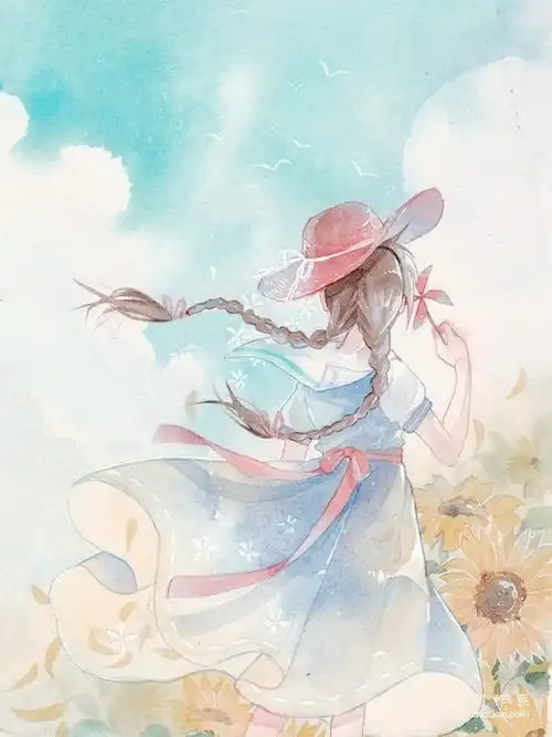 唯美女孩背影的二次元小清新插画图片