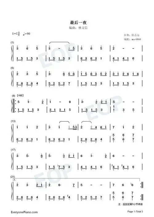 最后一夜-林文信版双手简谱预览1