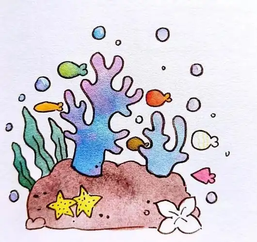 海底珊瑚小鱼卡通彩色简笔画