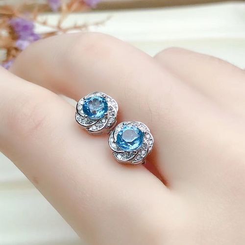 天然瑞士蓝托帕石耳钉女925纯银镀18k白金蓝色宝石日韩特价包邮