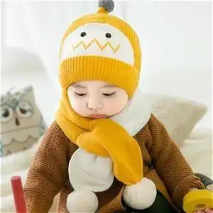 0-1-2岁男女宝l宝冬天加厚绒帽子围巾两件套儿童t小孩子可爱毛线