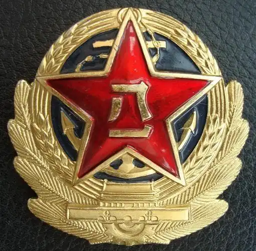 中国人民解放军海军军徽是"八一军徽"红色金边五角星加金色铁锚.