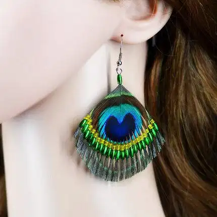 孔雀羽毛耳环女