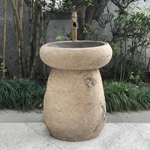 户外石头洗手盆一体原石洗脸盆庭院天然石立柱盆花园别墅水池室外