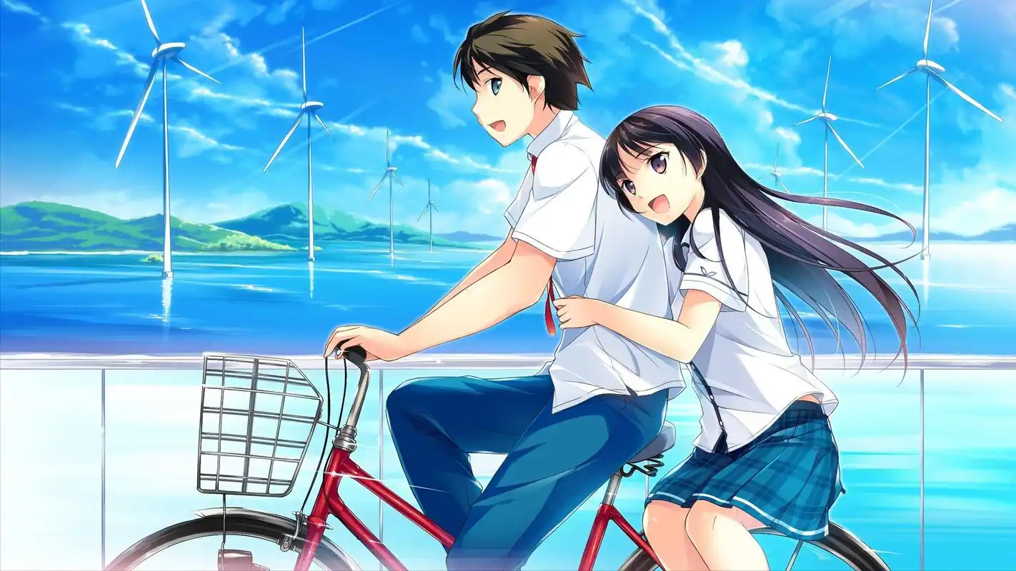 唯美浪漫的卡通情侣骑单车高清图片电脑桌面壁纸下载,卡通动漫,情侣