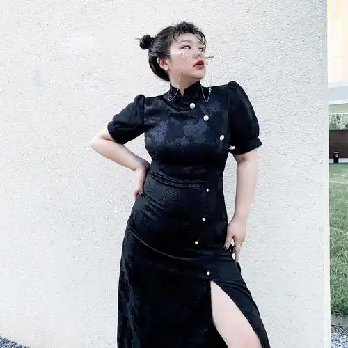 旗袍国潮复古司腾炸街改良大码长款裙胖mm连衣裙