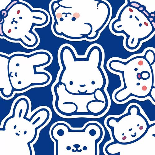 50张蓝色线条可爱动物贴纸简笔画小熊小兔手帐手机壳防水装饰贴纸