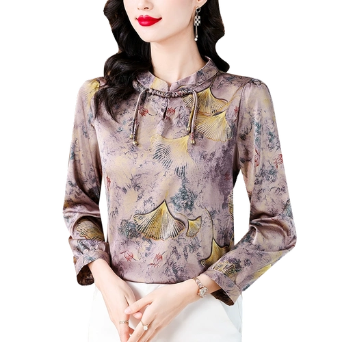 t恤秋装新款中老年真丝上衣时尚高贵小衫洋气妈妈印花桑蚕丝长袖