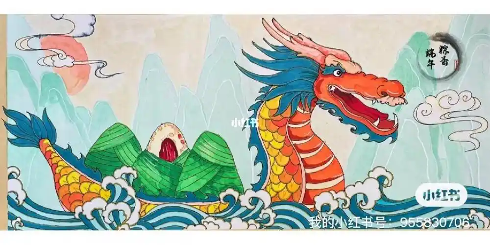 速写形式的龙舟主题画材料:卡宣纸,马克笔,水彩
