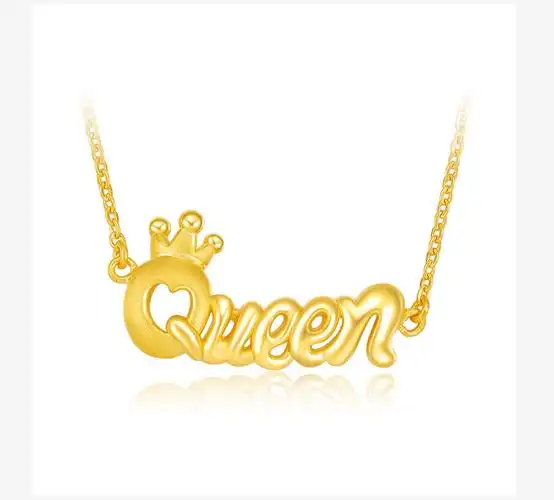 周大生黄金项链吊坠女3d硬金足金女王queen字母锁骨套链正品首饰
