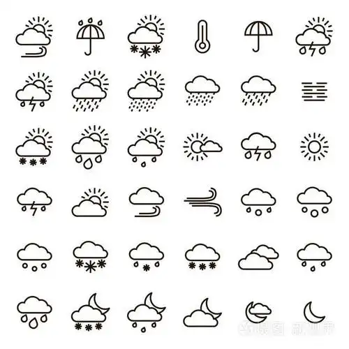 天气预报标志黑色细线图标集.矢量