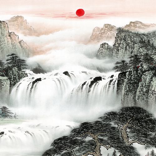 源远流长旭日东升风水招财靠山国画山水装饰画芯高清宣纸微喷打印