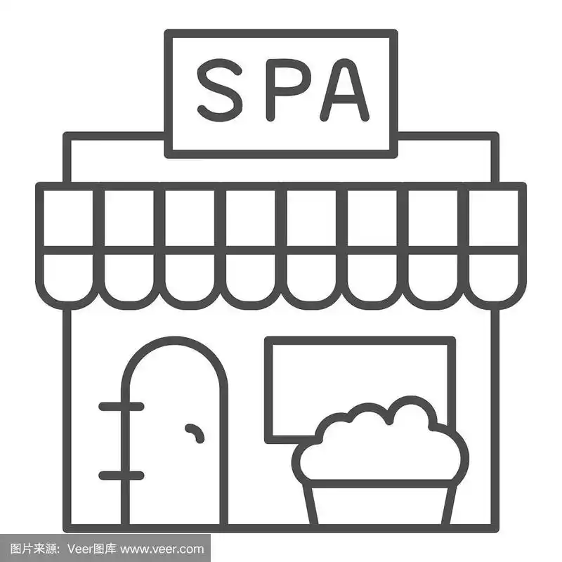 水疗沙龙建筑细线图标,水疗和放松概念,美容沙龙标志在白色背景,建筑