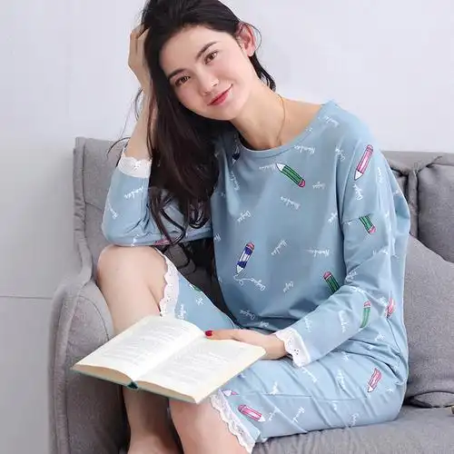 甜妹子 春秋季女士睡衣棉质可爱性感睡衣女睡裙家居服套装