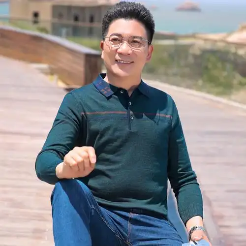 春秋季爸爸装中年男士长袖t恤带领休闲秋衣中老年人条纹上衣服丅