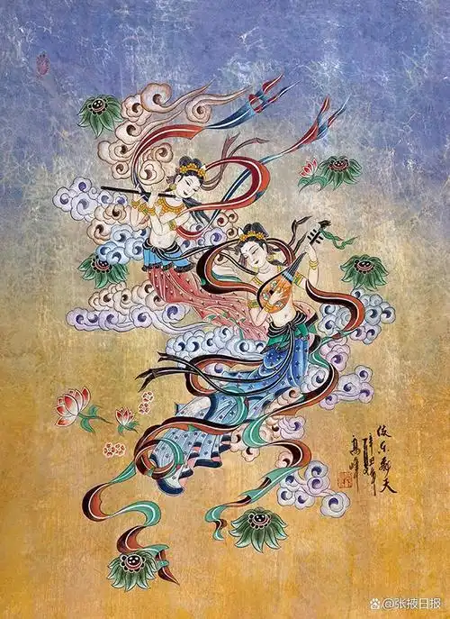 运来80多幅敦煌壁画飞天艺术作品在甘肃天水民俗风情街佳水岸小镇展出