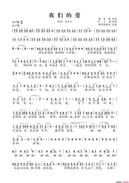 我们的爱简谱-林俊杰/fir-d调歌曲简谱