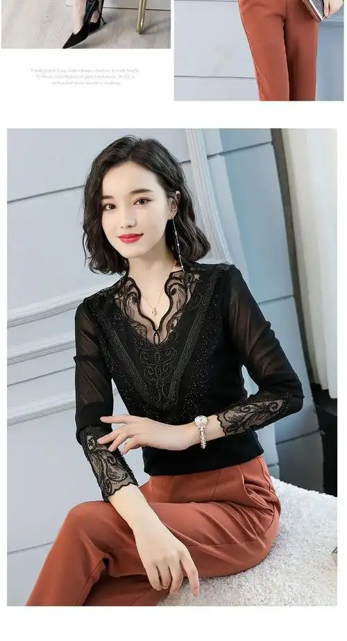 枝町 雷丝黑色打底衫女新款长袖春秋小衫百搭红色性感花边鸡心领蕾丝