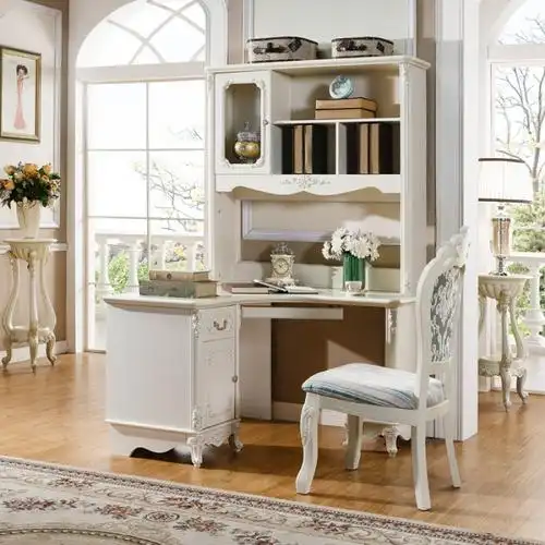 欧式转角书桌书架组合实木电脑桌书柜组合白色雕花烤漆田园写字台