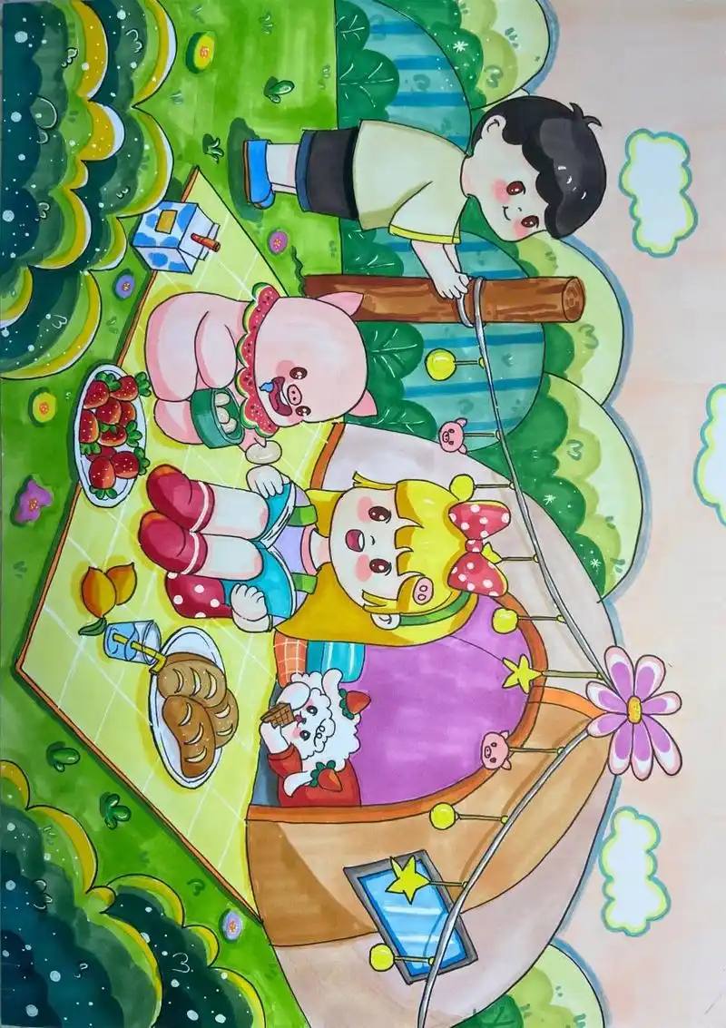 儿童画‖考级 『郊游,野餐,聚会』步骤图 临摹