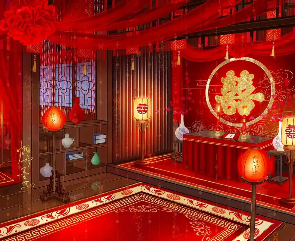 古风场景——卧室婚房.#插画 #古风 #古风场景 #国风插画 - 抖音