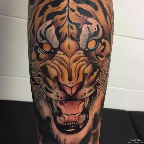 小腿彩绘老虎纹身图案
