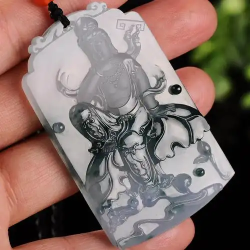 老坑冰糯种飘蓝花大师工观自在观音牌子翡翠挂件 59.47克 05031