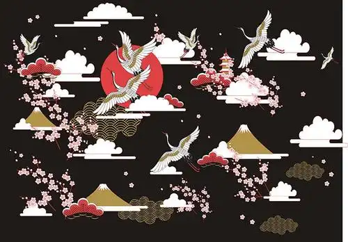 xt15490中式祥云红梅花仙鹤金色线条太阳