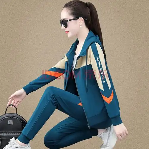 时尚洋气拼色宽松休闲服卫衣棉大码女士跑步运动服女式连帽运动衣潮