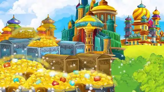 具有美丽中世纪城堡,远东王国插图的卡通场景照片