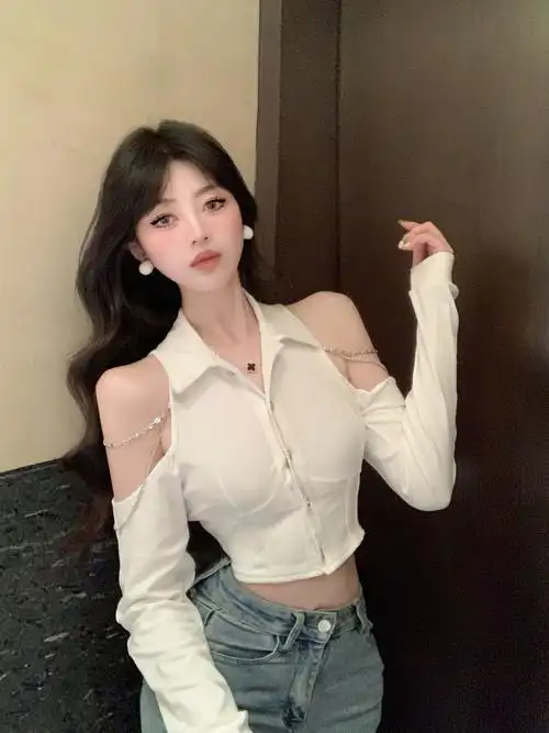 实拍实价~新款设计感翻领链条露肩短款衬衫露腰绑带显瘦衬衣女 - 17网