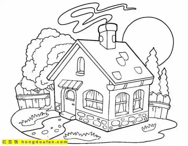 15张漂亮的山坡上的房子和童话中的糖果房子卡通涂色简笔画