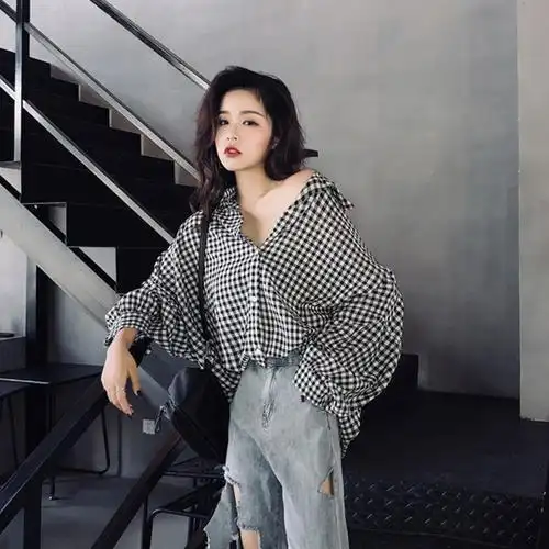 黑白格子衬衫女 宽松