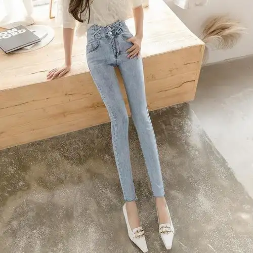 夏季牛仔裤女薄网红爆款超火牛仔裤女高腰紧身弹力小脚裤2021春夏