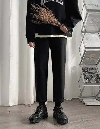 ins直筒裤男秋韩版潮流坠感西装裤宽松百搭九分裤男士休闲西裤黑色s