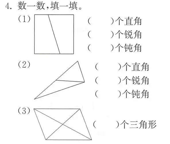 4数一数填一填1个直角个锐角个钝角2个直角个锐角个钝角3个三角形