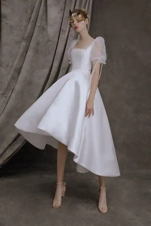 法式缎面轻婚纱简约显瘦短款小个子敬酒服2020新款年会白色晚礼服
