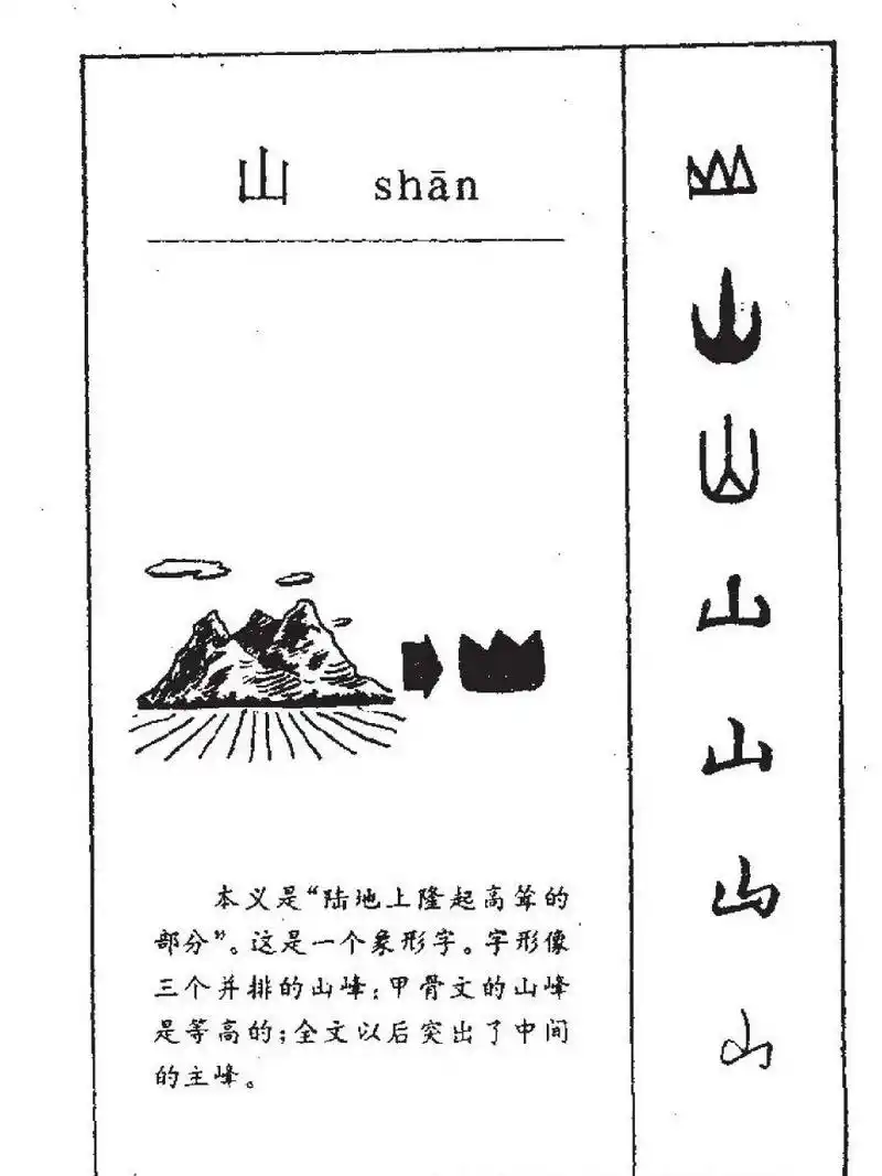 "山"字最早见于商殷时代的"癸山敦"中(金文),是三座峰峦相接的形状