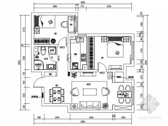 现代中式淡雅二居室住宅室内设计cad施工图含效果