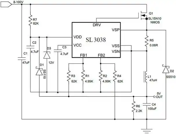 sl3038降压恒压 宽电压150v耐压 80v降压5v2a 60v降压12v