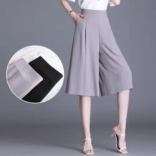 雪纺阔腿裤女夏薄款裙裤垂感中裤裤裙新款宽松高腰七分休闲裤批发