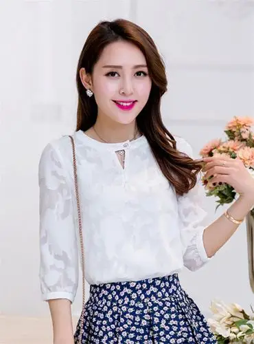 伊诺祺雪纺衫韩版打底衫圆领七分袖促销款