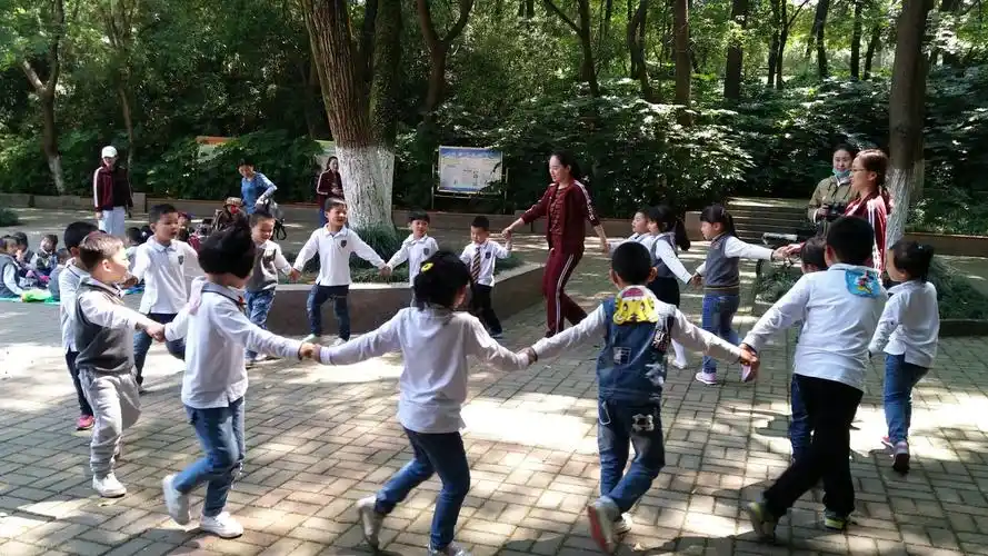 手拉手转圈圈,欢快的歌声在林中飘荡"走走走走走,我们小手拉