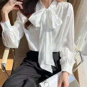 立领蝴蝶结雪纺衬衫女长袖春设计感小众领结宽松显瘦衬衣图片