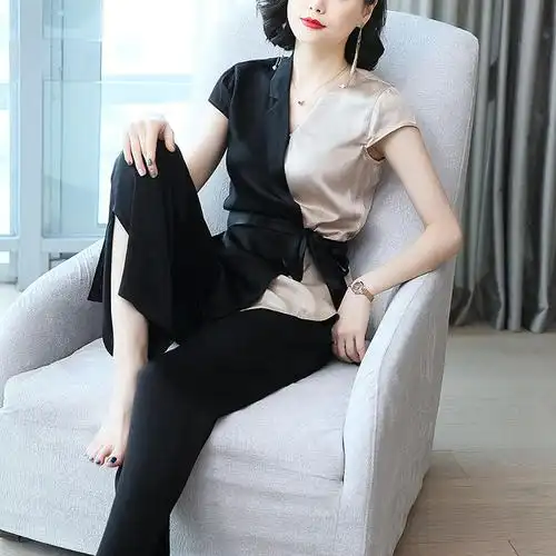 铜氨丝套装女2020夏季新款休闲时尚波点提花洋气减龄阔腿裤两件套