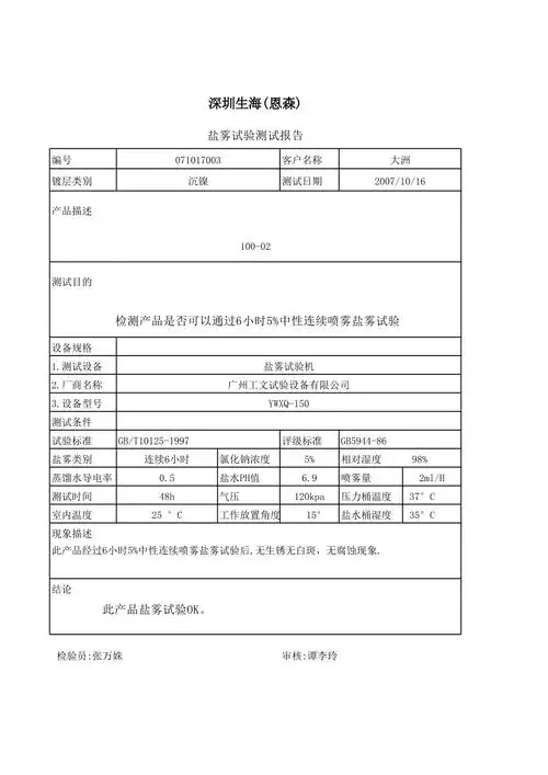 盐雾试验测试报告new