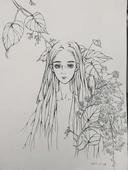 地理课的临摹,森系少女,手绘,黑白,from软糖妹妹